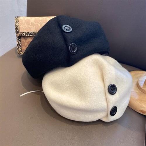Winter Beret Hats for Women Wool Button Solid Color Berets Fashion Female Beanies Girl Autumn Warm Gorros Brand Bonnet Caps