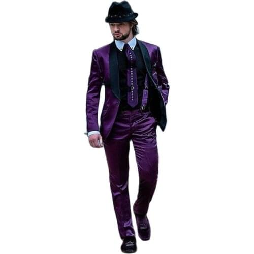 Shiny Purple Satin Mens Toast Dress Business Suits Groom Tuxedos Party Dinner Blazer Coat Trousers (Jacket+Pants+Tie) K:186