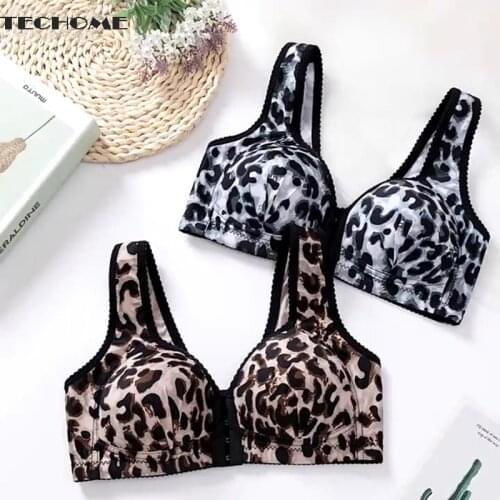 Large Size Leopard Print Bra Thin Front Buckle Wire Free Comfortable and Sexy Gathering Lingerie