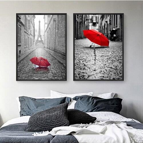 GOODECOR Black and White Canvas Wall Art Red Umbrella Canvas Painting Living Room Decor Landscape Prints Printing