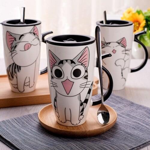 600ml with Lid and Spoon Cartoon mug Cute Cat Style Ceramic Mugs Creative Moring Milk Coffee Tea mug Unique Porcelain