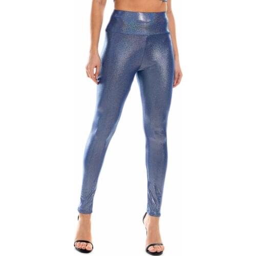Women Shiny Metallic Holographic Leggings Sexy High Waist Elastic PU Leather Skinny Pants Ankle Long Gothic Leggings