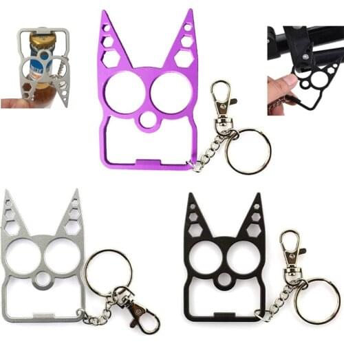 Multi-Function 6 in 1 Portable Zinc Alloy Cat Ear Keychain Mini Bottle Opener with Keyring Outdoor EDC Pocket Tool