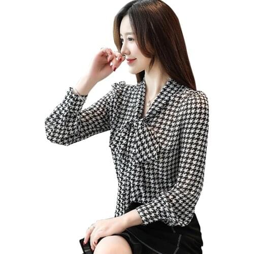 Fashion Woman Blouses Autumn Bow Houndstooth Shirt Womens Long Sleeve Top Women Clothing