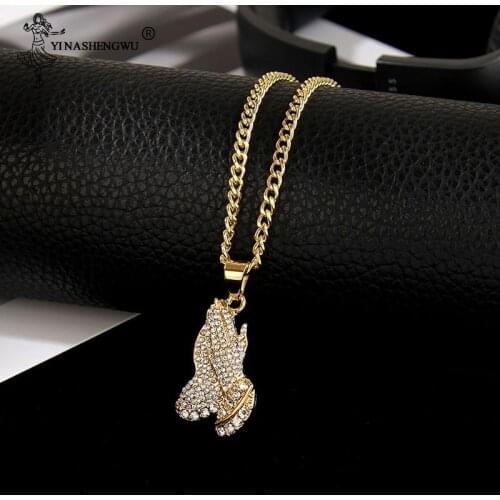 2019 The Praying Hands Pendants & Necklaces Brother Gift Gold Color Crystal Alloy Hip Hop Men Necklaces Jewelry Long Chain Party