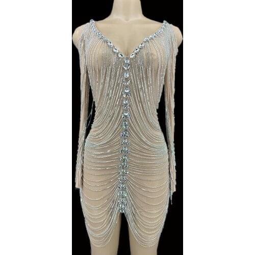 New Sparkly Long Sleeve Silver Rhinestone Chain Short Dress Evening Birthday Dress Transparent Outfit Singer Sexy Stage Wear