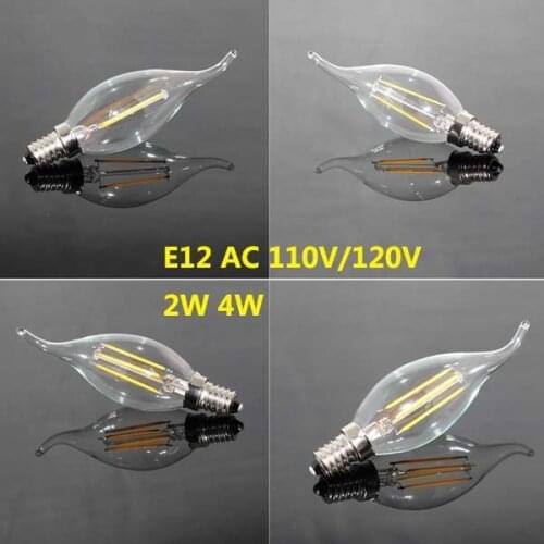 New Design 2W 4W E12 110V AC Dimmable E12 C35 LED Filament Candle Bulbs CRI 80 360 Degree 10Pcs/Lot Free Shipping