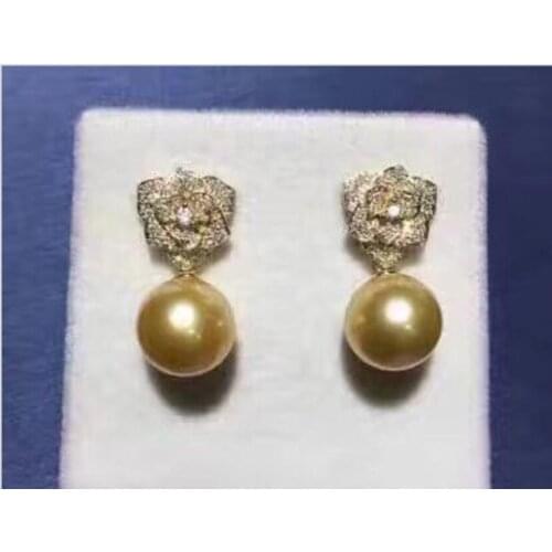 Charming AAA round 10-11mm south sea gold dangle pearl earring 14k