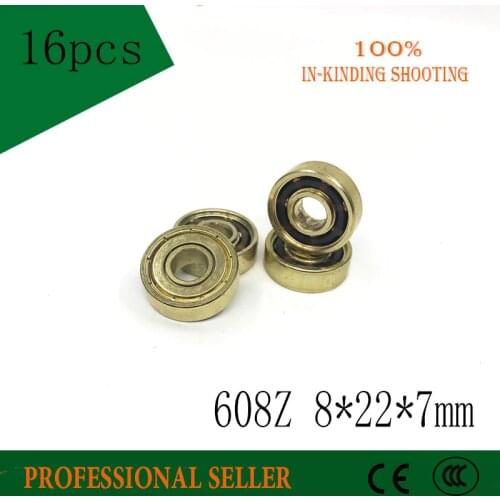 Free Shipping 16pcs/set ILQ11 Grade Gold Skateboard Bearing 608 Top Speed Skate wheel Bearing 608Z 8*22*7MM