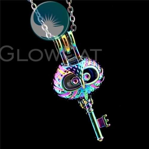 R-C795 Rainbow Colors Key Owl Design Beads Cage Pendant Perfume Diffuser Aromatherapy Pearl Cage Locket Necklace