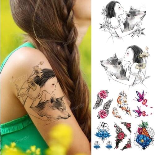 Arm sleeve temporary tattoo women sunflower wolf fox butterfly cute unique tattoo designs waterproof body art painting girls