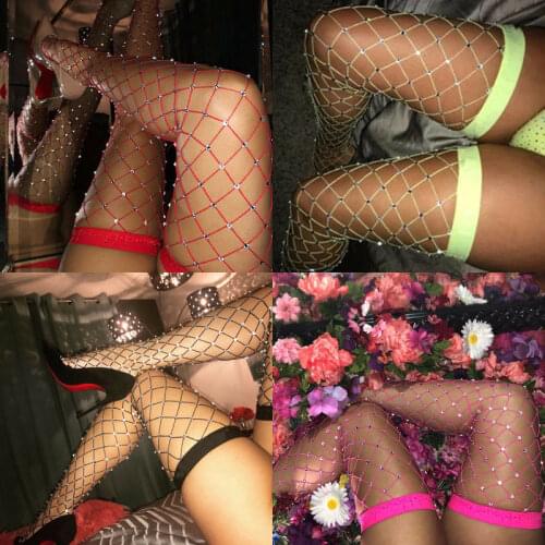 Sexy Women Crystal Rhinestone Fishnet Net Mesh Stockings Pantyhose Elastic Red Black Yelower Solid WOmen Stockings New Hot Sell