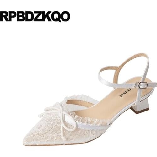 Sweet Sandals Bow Thick High Heels Strap Closed Lace Belts Pointed Toe Bridal Pumps White Ladies Bridesmaid Ivory Shoes Wedding