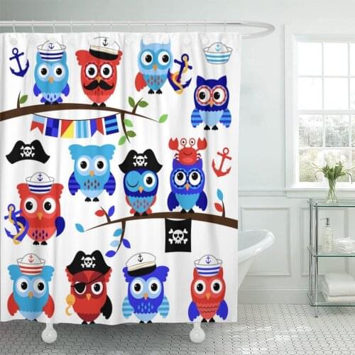 Anchor Nautical Sailor and Pirate Owls Animal Bird Cartoon Shower Curtain Waterproof Fabric 72 x 78 Inches Set with Hooks