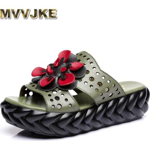 MVVJKE Handmade Flower Slippers Women Shoes Summer Genuine Leather Sandals 2020 New Platform Slippers Women Sandals