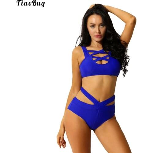 TiaoBug Women Summer 2Pcs Bandage Bikini Set Hollow Out Padded Top And Briefs Swimsuits Criss Cross Bathing Beach Suits Swimwear