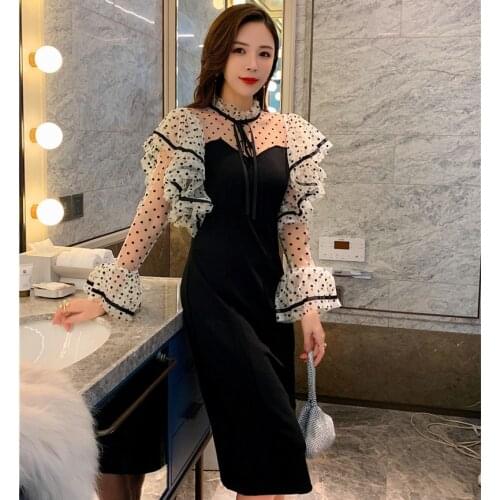 YATWAVS New Vintage Ladies Elegant Wave point Mesh Dresses For Women Fashion Bow Splicing Ruffles Lace Dress Vestidos