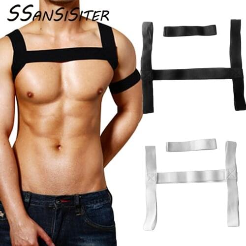 2PCS/Sets Sexy Mens Chest Harness Fetish Clubwear Elastic Arm Shoulder Harness Strap Black White Gay Bondage Harnais Crop Tops