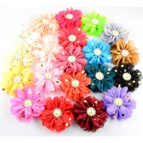 Yundfly 5pcs 3.2" 20 Colors Kids Golden Dots Hair Flowers With Pearl Rhinestone Centre Flat Back For Girls Headwear