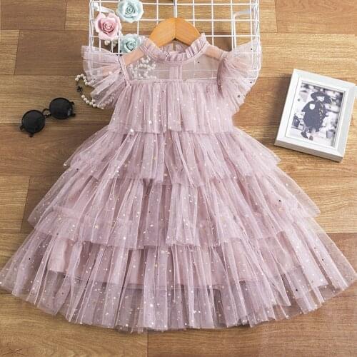 Lolita Girls Cake Dress for Kids Shiny Sequins Party Dress Princess Clothing Flare Sleeve Tutu Sundress