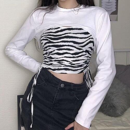 70% Dropshipping!!2021 New hot girl white long-sleeved top with drawstring zebra vest and two-piece top in spring and autumn