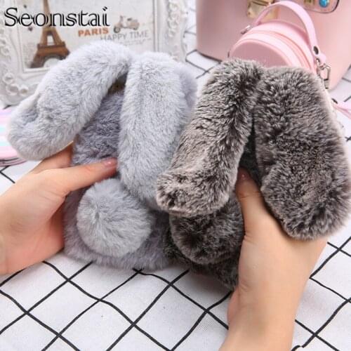 I7 3D Cute Rabbit Hairy Warm Fur Case for iPhone 7 6sPlus Bling Rhinestone Plush Bunny Cover for iPhone X 8plus For Girls