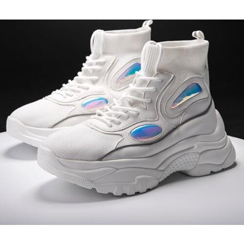 Weweya New High Top Platform Sneakers Unisex Glitter Thick Shoes Man Height Increase Chunky Shoes Stretch Sock Walking Shoes Men