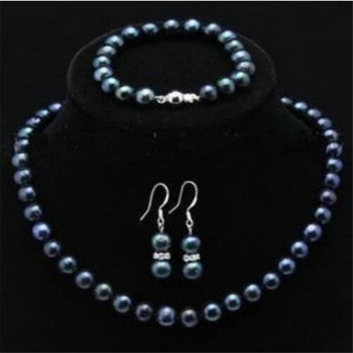Natural 7-8mm black Akoya Pearl Necklace Bracelet Earring 1 Sets 18" & 7.5"
