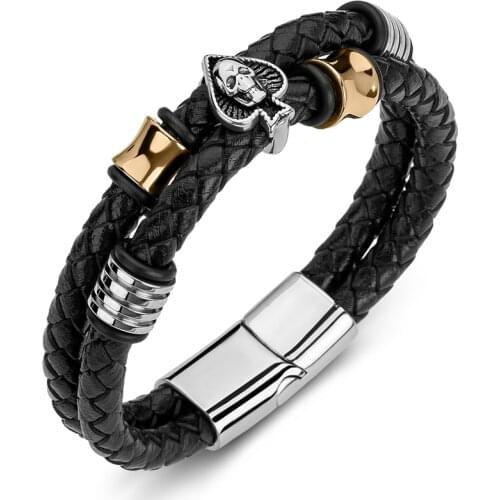 New Men Bracelets Braided Leather Rope Chain Stainless Steel Spades Skull Punk Bangle Jewelry Male Wrist Band Wholesale P192