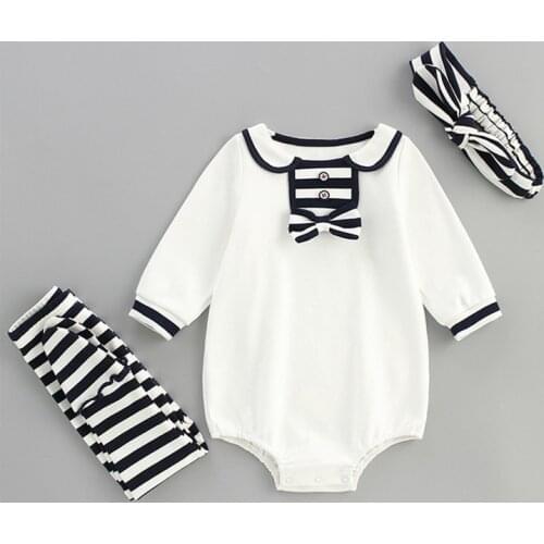 Newborn Baby Girls Clothing Peter Pan Collar Infant Baby Girls Rompers+Striped Leggings+ Headband 2020 Spring Clothes Jumpsuit