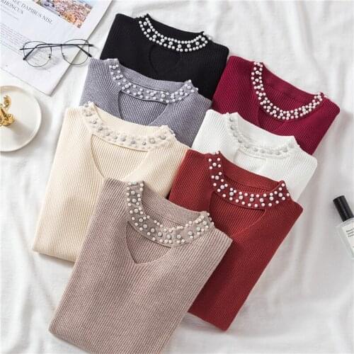 Autumn Women Outside Sweater Full Sleeves Slim V-neck with Beading Knitted Pullovers Knitwear Ladies Causal Base Tops