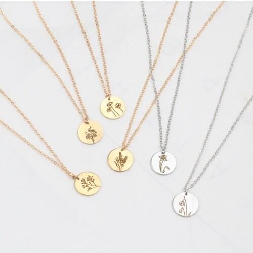 Personalized birth month flower necklace with customized name nameplate Necklace For women men stainless steel jewelry pendant