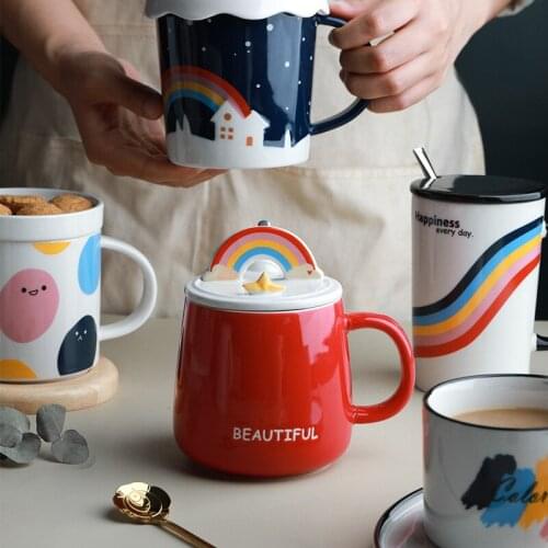 Rainbow Large Capacity Mark Creative Personality Ceramic Water Cup with Cover Office Breakfast Cup Daily Use Coffee Mug Tea Set