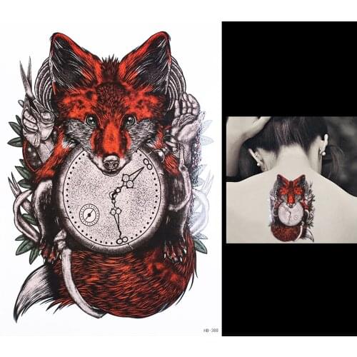 1 Sheet Tattoo Sticker for Women Men Body Arm Art HB388 Design Red Fox Clock Time Pattern Temporary Tattoos Sticker Unique Gifts