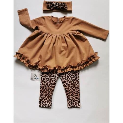 Spring Autumn Clothing Kid Baby Girl Clothes Ruffle Long Sleeve Shirt Tops Leopard Leggings Pants Outfit Set Tracksuit