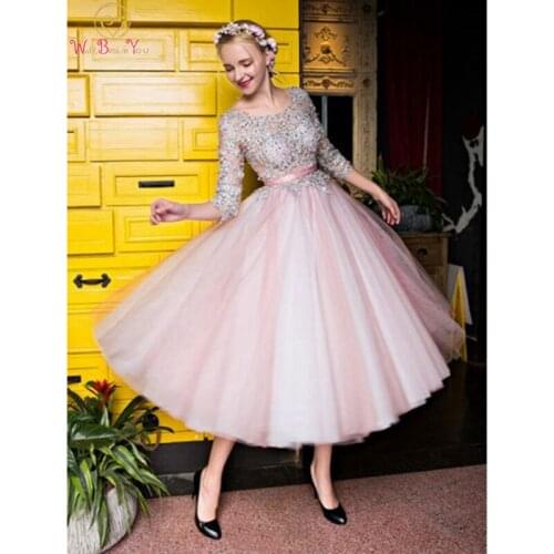 Prom Dresses 2021 Scoop Neckline Applique Lace 3/4 Sleeve Beaded Sequin Tea Length Pink Tulle Dress Graduation Evening Gowns