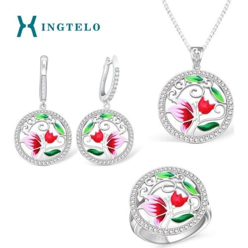 XINGTELO 925 Sterling Silver Jewelry Set for Women Flower Butterfly Hollow Earrings Ring Pendant Chain Colorful Enamel Jewelry