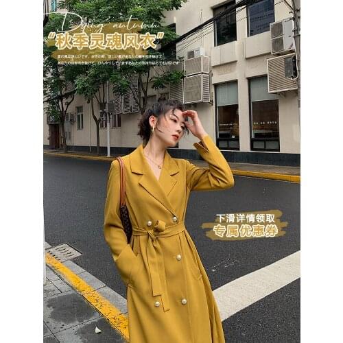 British style double breasted windbreaker womens loose waist over knee pleated coat medium long coat