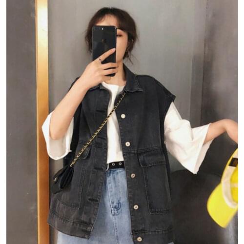 Denim Jacket Womens Spring and Autumn Loose-Fitting Sleeveless Shirt Top
