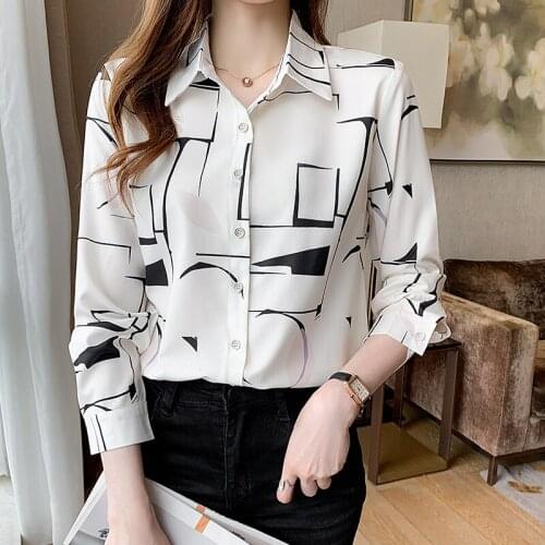 Chikichi Irregular Line Printed Shirt Women 2021 Autumn New Style Korean Fashion Long-sleeved Shirt Chiffon Elegant Woman Blouse
