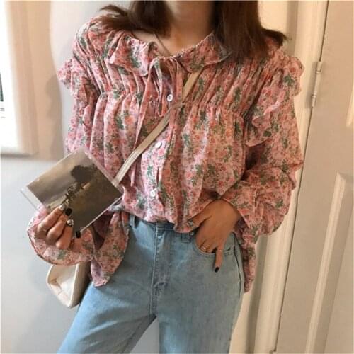 Blouses Women Long Sleeve Thin Chiffon Top Female All-match Printed Korean Style Lovely Students Shirts Cute Trendy Summer Daily