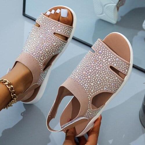 2021 New Summer Women Sandals Sexy Shoes Buckle Strap Woman Flats Crystal Casual Ladies Fashion Beach Shoe Big Size 36-43