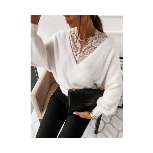 Ladies Sexy Pullovers Solid Color V-Neck Backless Long Sleeve T-Shirts Patchwork Design Lace Decor See Through Loose Plush Top
