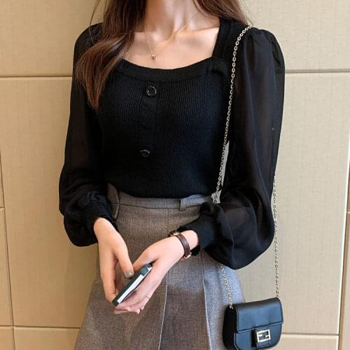 Womens Knitted Pullover Square Collar Knitting Chiffon Stitching Puff Long Sleeves Slim Tops Wholesale Elegant Lady Clothes