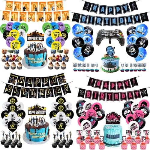 1set Complete Kids Party Supplies Balloon Banner Cake Toppers Adult Child Shooting Game Alpaca Happy Birthday Party Night Decor
