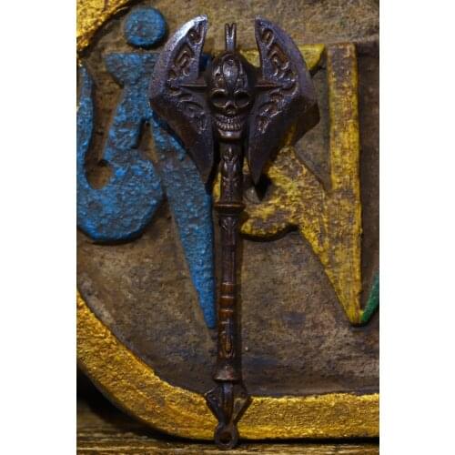 4" Tibet Buddhism Old Lima Bronze Engraved Skull Dharma Sickle vajra Pendant Amulet Exorcism Ward off evil spirits