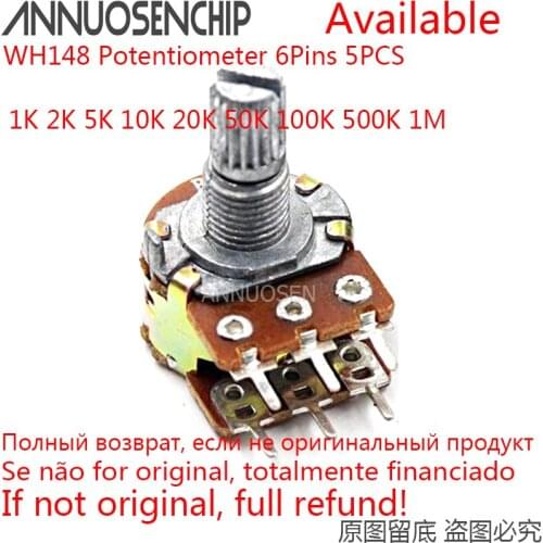 5pcs B1K B2K B5K B10K B20K B50K B100K B500K B1M 6Pins Shaft WH148 Potentiometer 1K 2K 5K 10K 20K 50K 100K 500K 1M