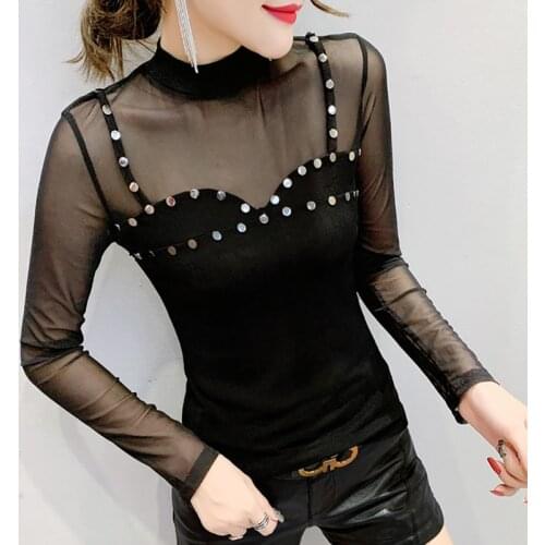 #5796 Black Grey See Through T Shirt Women Split Joint Basic Tops Mesh T-shirt Female Long Sleeve Tight T Shirt For Girl Rivet