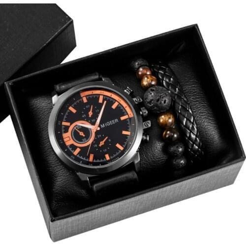 Male Black Fashion Wristwatch Quartz Simple Dial Watches Soft Leather Band Mens 2 Hand Bracelets Practical Gift Set for Friends