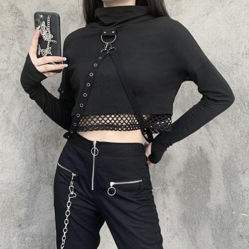 Black Punk Women Hooded Sweatshirt 2021 Autumn Mesh Patchwork Eyelet Ribbon Cut-out Long-sleeve Short Length Outdoot Hoodies